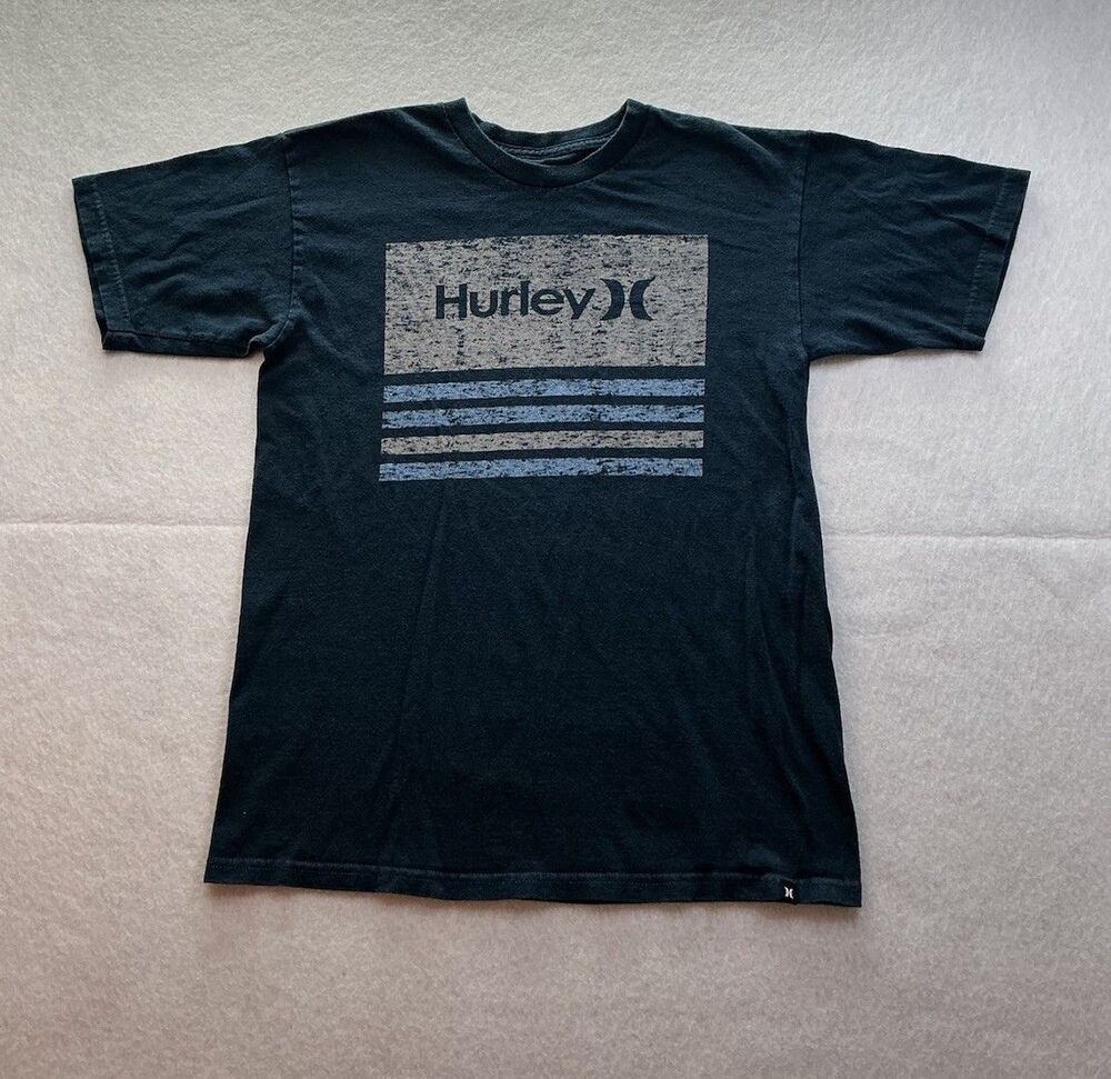 Hurley Black Graphic T Shirt Distressed Block Logo Stripes Short Sleeve Tee